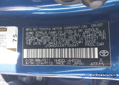 2008 Toyota Prius z USA, uszkodzony, nr VIN JTDKB20U087706647